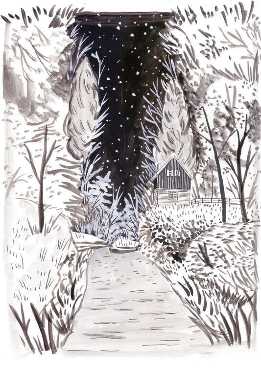 Black & White Gouache Cabin Scene