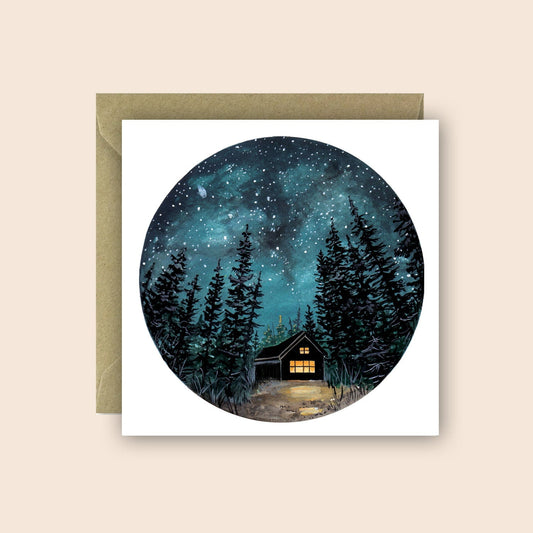 Cabin at Night Greetings Card