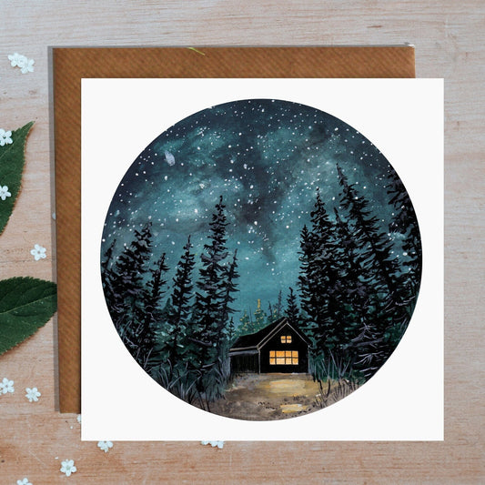 Cabin at Night Greetings Card